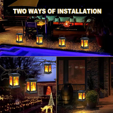 Waterproof Solar Lanterns For Garden And Patio, Hanging Outdoor Lights With Flickering Flame Effect shown in two installation modes