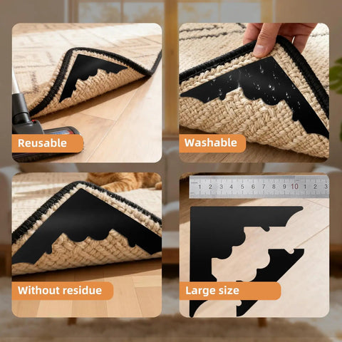 Close-up of Rug Pad Gripper 8 Pack Reusable Non Slip Pads for Hardwood Floors and Tiles showing adhesive features and size.