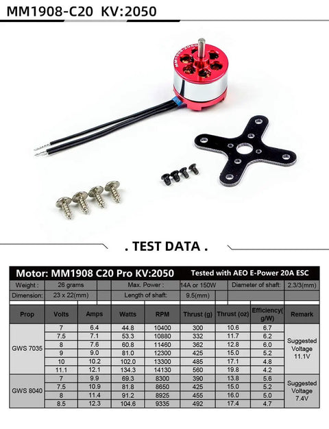 Heavy-Duty 19mm Brushless Outrunner Motor for RC Planes and Drones, 1908 2050KV, 3.0mm Shaft, test data specifications