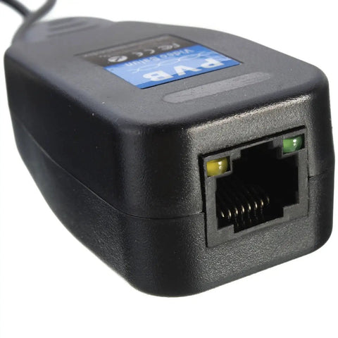 Close-up of RJ45 connector on HD CVI TVI AHD Passive Video Balun Kit with Power Connector and Data Transmitter for Cat5 Cables