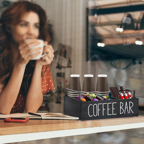 Farmhouse Style Wooden Coffee Station Organizer For Countertop With Handle, Four-Compartment Coffee Bar Accessories Holder