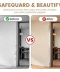 Before and after comparison showing Built Different 304 Stainless Steel Corner Guards With Smooth Rounded Edges on a wall.