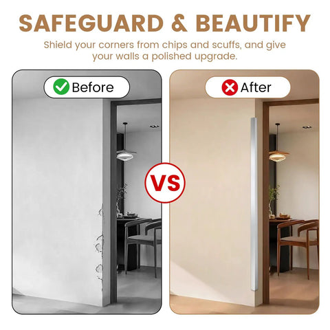 Before and after comparison showing Built Different 304 Stainless Steel Corner Guards With Smooth Rounded Edges on a wall.