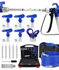 Pro Grade 3600 Psi Airless Paint Spray Gun Kit with 25 Foot High Pressure Hose, five tips plus extension rod in storage case.
