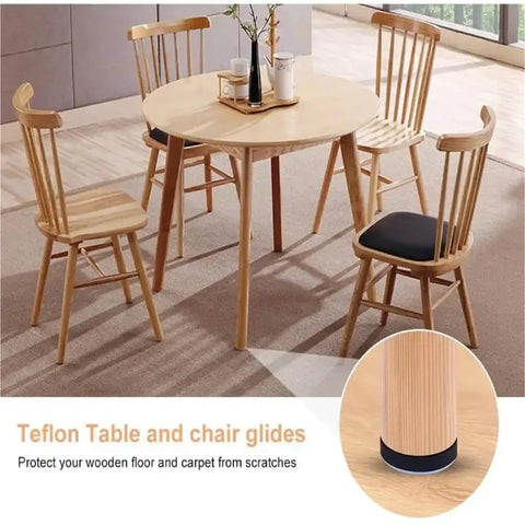 Heavy Duty Chair Leg Floor Protectors And Furniture Sliders With Bumper Glides For Hardwood Surfaces That Deliver A Slick Smooth Glide And Top Tier Scratch Defense While Keeping Your Floors Fresh In A Solid 20 Piece Set on wooden table and chairs.