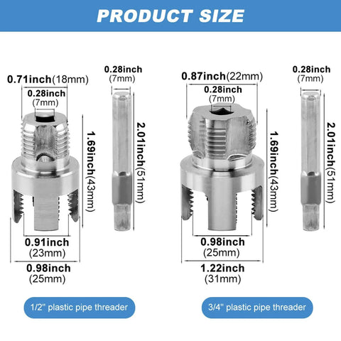 Product size dimensions for Heavy Duty Hex Shank Pipe Threading Tool For PPR PVC MPP Pipes with 1/2" and 3/4" threaders.