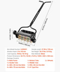 18 Inch Manual Push Spike Aerator With Four Wheels For Lawn Health, showing handle and spike dimensions and details.