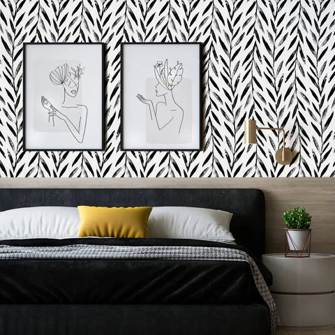 Black And White Peel And Stick Wallpaper Leaf Contact Paper 17.7 Inch By 590.4 Inch For Bathroom And Living Spaces Self Adhesive Decorative Wallpaper Easy Install Oriental Ink Style Slick Modern Vibe 72.5 Sq Ft.