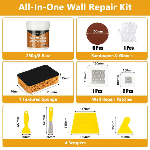 Drywall Repair Kit With 8.8oz Spackle Paste, Scrapers, 6 Sandpaper Sheets, Self Adhesive Wall Patches And Gloves For Quick Easy Hole Repair On Drywall Plaster And Home Renovation Like A Pro