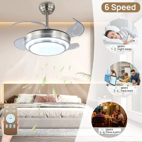 36 Inch Retractable Ceiling Fan With Lights And Remote Control, 6 Speed Reversible Quiet DC Motor in bedroom setting