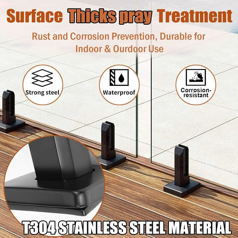 Rock Solid Square Glass Pin Clamps For Zero Drill Hassle Premium 304 Stainless Steel Railing Post Fittings shown on deck.