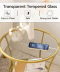 Round End Table With Charging Station And Glass Top, 2-Tier Gold Accent Side Table For Tiny Spaces, phone charging on top