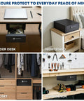 Heavy Duty Steel Under Desk Safe With Keypad Lock Featuring No Sweat Setup Hidden Slide Out Drawer in various uses below desks, nightstands, closets, and workbenches.