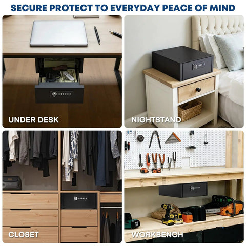 Heavy Duty Steel Under Desk Safe With Keypad Lock Featuring No Sweat Setup Hidden Slide Out Drawer in various uses below desks, nightstands, closets, and workbenches.