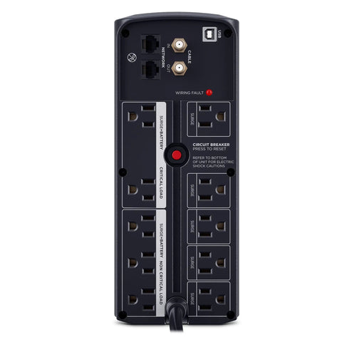 Back view of the Line-Interactive UPS Battery Backup And Surge Protector For Your Home Office And Gaming Rig, 1350VA/810W, showing 10 outlets.