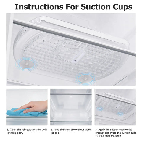 Instructions for using suction cups on Slick Rectangular Lazy Susan Turntable For Refrigerator And Pantry With Smooth Spin Base.