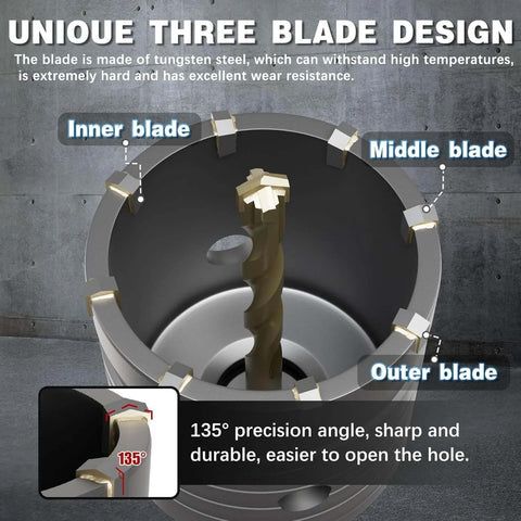 METOTY 4-inch concrete hole saw with 100mm masonry size and 220mm SDS Plus shank, three-blade tungsten steel design