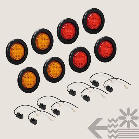 8pc 2.5 Inch Round LED Side Marker Light Kit 12V Amber And Red Waterproof IP67 Flush Mount Reflector Lens Grommet And Plugs DOT Approved For Boat Trailer Semi Truck RV displayed with wires and plugs
