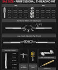 52 Piece Large SAE Tap And Die Set For Heavy Duty Workhorse Thread Repair And Rethreading 1/4-20 To 1-14 Coarse And Fine Threads GCr15 Steel Industrial Grade Tool Kit with various wrenches and thread gauges.