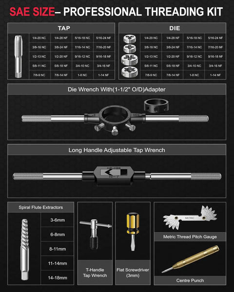 52 Piece Large SAE Tap And Die Set For Heavy Duty Workhorse Thread Repair And Rethreading 1/4-20 To 1-14 Coarse And Fine Threads GCr15 Steel Industrial Grade Tool Kit with various wrenches and thread gauges.