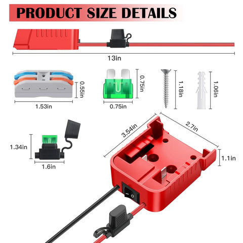 Dimensions and components of Two Pack 18V Battery Adapters For M18 Compatible, Power Wheel Adapter Kit with Built In Switch and Fuse