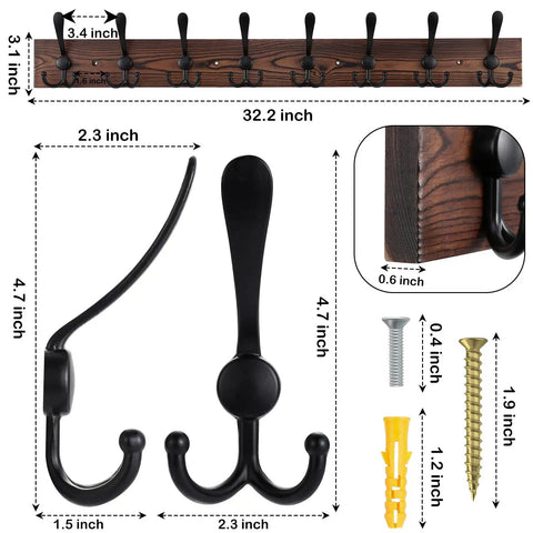 32.2 Inch Wall Mount Coat Rack With Eight Metal Hooks Built To Last, Rustic Brown Pine Wood Plank Hat Rack dimensions and parts
