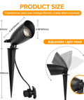 4 Pack 12V Low Voltage Landscape Lighting Kit, adjustable die-cast aluminum spotlight, path light size and features displayed
