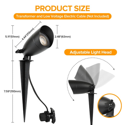 4 Pack 12V Low Voltage Landscape Lighting Kit, adjustable die-cast aluminum spotlight, path light size and features displayed