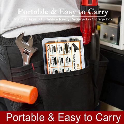 Woodruff key assortment kit in a plastic case with 16 sizes (8–30 mm) for flywheels, stored in a tool belt pocket