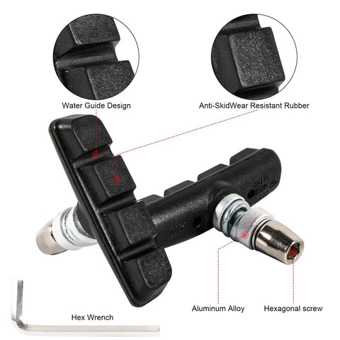 V-Brake Pads 55mm Set for Bikes, 2 Pairs Universal Brake Shoes Black, Durable Rubber Blocks with Hex Wrench and V-Shaped Slots