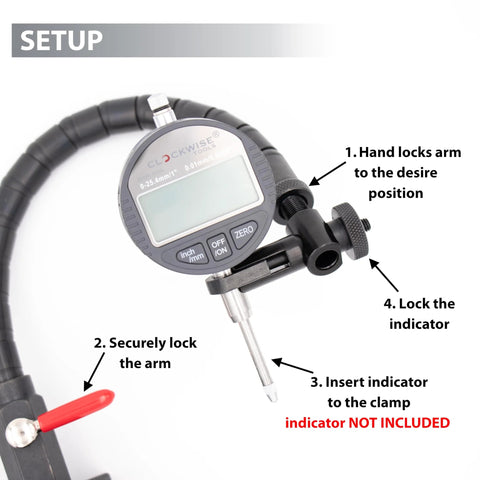 Clockwise Tools MGBR-04 magnetic base with flexible arm and digital dial indicator, front view