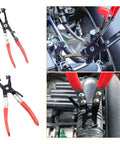 Sixteen Piece Hose Clamp Pliers Set for Automotive Repair shown with flexible plier and angled jaws in engine bay.