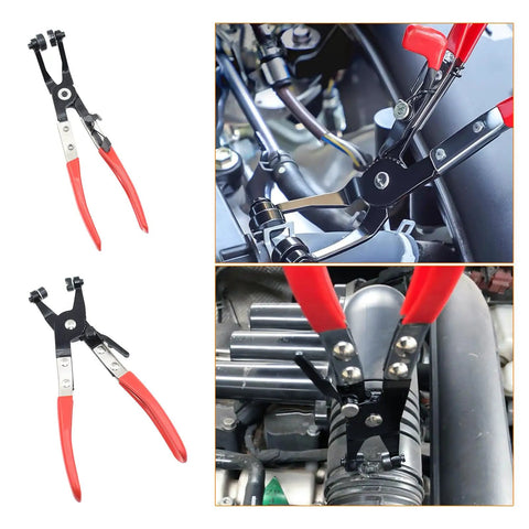Sixteen Piece Hose Clamp Pliers Set for Automotive Repair shown with flexible plier and angled jaws in engine bay.