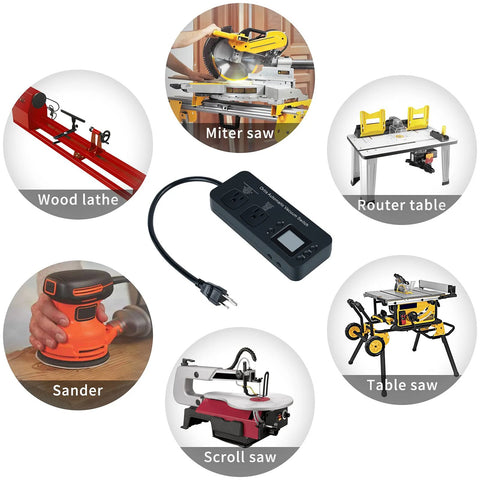 Automatic vacuum switch for power tools, black control box with three outlets and a small display