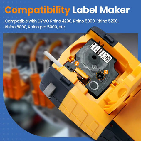 Compatibility Label Maker for Rock Solid Heavy Duty Heat Shrink Cable Markers, showing DYMO label maker with labels inserted.
