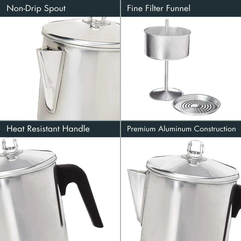 Aluminum Stovetop Percolator Coffee Maker Delivers Rich Flavor In Minutes 9 Cup Durable Silver Finish, multiple angles shown