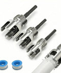 2026 New Dual Function Pipe Tapping And Threading Tool Kit showing carbon steel cutters for 1/2 to 1 inch pipes and PVC fittings.