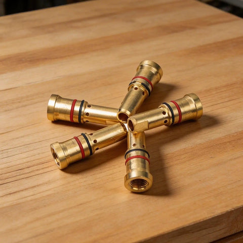 Copper Gas Diffuser Nozzles For MIG Welding Guns 4335 Style lying on wooden surface, showing detailed copper finish.