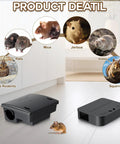 8 Pack Key Required Rat Station Boxes with 2 Large and 6 Compact Lockable Bait Stations shown with rodents indoors.