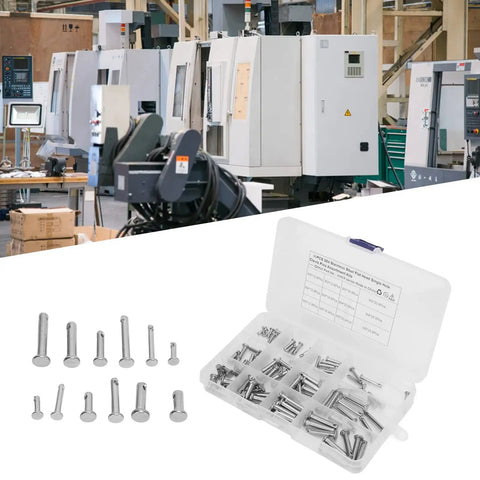 Stainless Steel Clevis Pin Assortment Kit with round and flat head pins, 12 sizes, T-shaped pins, 96 pieces in plastic box, workshop background.
