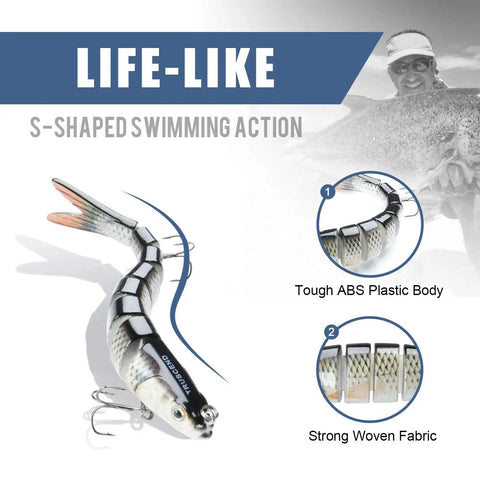 Easy Catch Three Action Swimbait Lure With BKK Hooks wiggling, vibrating body, detailing strong ABS plastic and woven fabric.