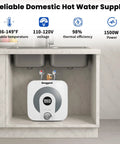 Game Changer 4 Gallon Electric Mini Tank Water Heater With Sleek Digital Display, installed under sink, showing temperature settings.