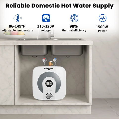 Game Changer 4 Gallon Electric Mini Tank Water Heater With Sleek Digital Display, installed under sink, showing temperature settings.