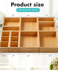 Bamboo Drawer Organizer Set Of 9 For Kitchen And Office with dimensions and different compartment sizes displayed.