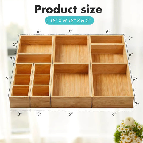 Bamboo Drawer Organizer Set Of 9 For Kitchen And Office with dimensions and different compartment sizes displayed.