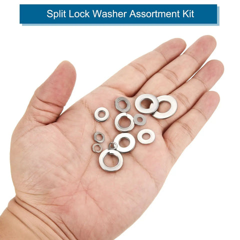 304 Stainless Steel Split Lock Washer And Flat Washer Kit 370 Pieces Assorted Sizes 6 8 10 One Quarter Inch Five Sixteenths Inch Three Eighths Inch Built Tough For DIYers And Pros Home Repair And Projects, washers in hand