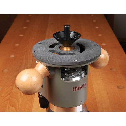 Heavy Duty CNC Milled Acetal Resin Router Baseplate Designed For Bosch 1617 Fixed Base Workshop Rigs featuring wood handles and black dust port.