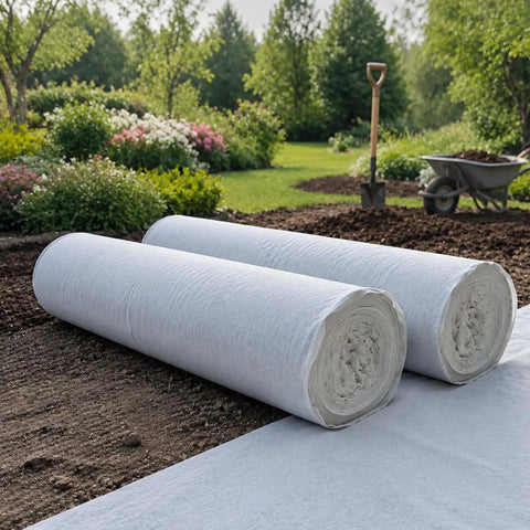Heavy Duty Polyester Ground Cover Mat With Built Like A Tank Weed Barrier and Water Permeable Drainage Design for outdoor landscaping, rolled up.