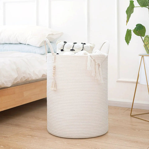 White Laundry Basket With Handles, Tall Woven Hamper For Clothes And Towels, Holds A Week Of Laundry, Decorative Blanket Basket