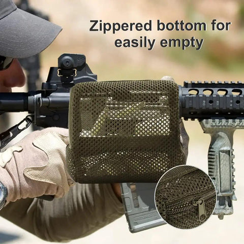 Heat Resistant AR Brass Catcher Net With Quick Release Zipper And Dual Picatinny Mounts, thickened nylon frame in use on rifle.
